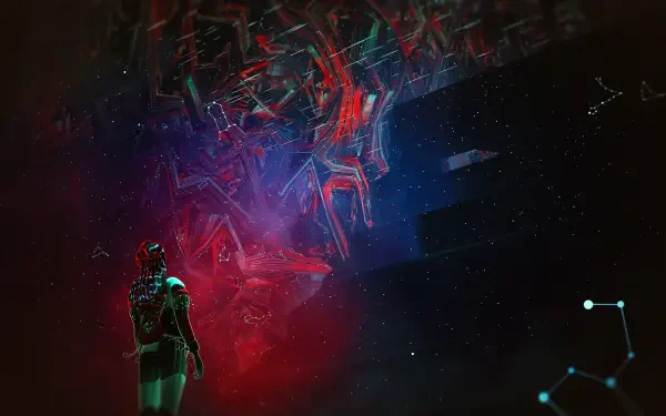4K ETRE video game wallpaper: silhouetted figure in futuristic suit studies neon red-blue crystalline void over a starfield, abstract geometric shards and floating node connections.
