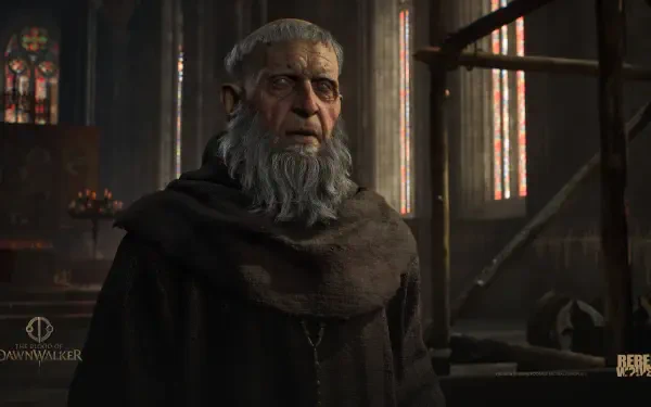 4K Ultra HD portrait of a bearded man from the video game The Blood of Dawnwalker — solemn elder in dark robes, cathedral-lit background, PC desktop wallpaper.