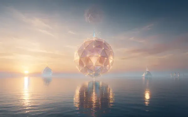 4K Ultra HD PC desktop wallpaper: a faceted orb/sphere hovering above calm water at sunrise, its mirrored reflection stretching across the surface.