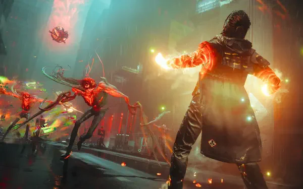 Video game HD PC desktop wallpaper: Control Resonant scene — an agent hurls glowing energy at twisting alien monsters amid neon-lit, rain-soaked city ruins.