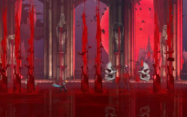 Video game HD PC desktop wallpaper of Castlevania: Belmont's Curse - Belmont in a blood-red castle hall with gothic pillars, statues, bats and a reflective floor