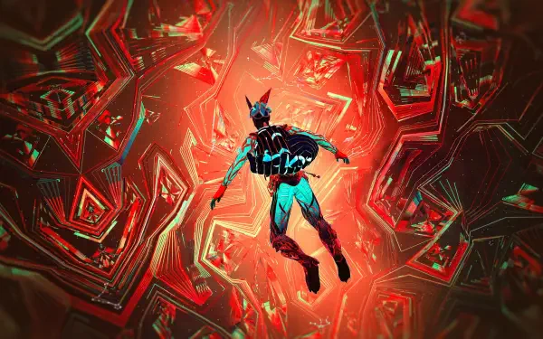 2K Quad HD PC desktop wallpaper from ETRE (video game): a cyborg in a neon suit drifting through a fractured red crystalline void, surrounded by jagged geometric shards.