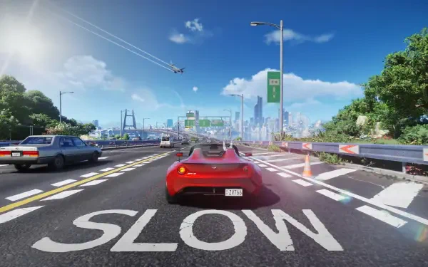 HD PC desktop wallpaper from the video game Ananta: red sports car on a sunlit highway heading toward a futuristic city, SLOW painted on the road.