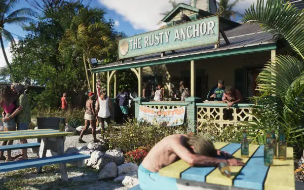 Grand Theft Auto VI video game 4K Ultra HD PC wallpaper showing a sunlit bar-restaurant The Rusty Anchor with patrons and a man slumped over a picnic table.