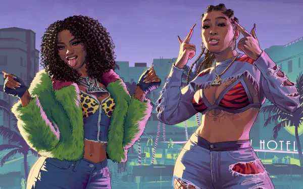 4K Ultra HD Grand Theft Auto VI video game PC wallpaper: two fashionable women in bold streetwear posing in a neon-lit cityscape.