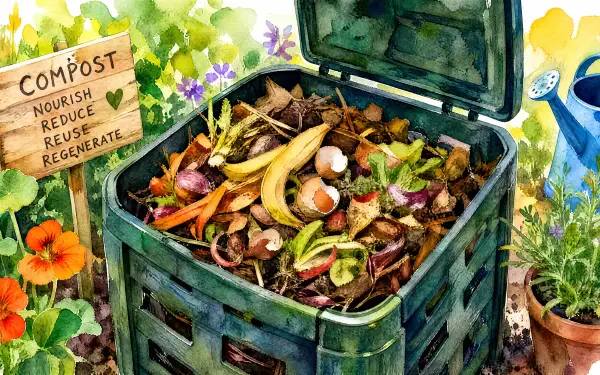 4K Ultra HD PC desktop wallpaper: garden compost bin brimming with fruit peels, eggshells and leaves, a sign promoting composting — composting, compost, compost bin, garden