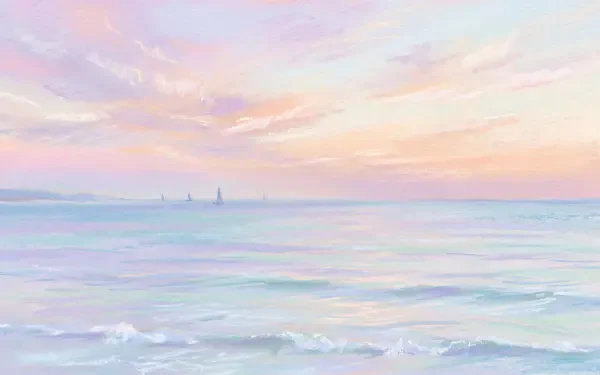 5K Ultra HD PC desktop wallpaper of a pastel seascape: calm ocean horizon, gentle waves and distant sailboats.