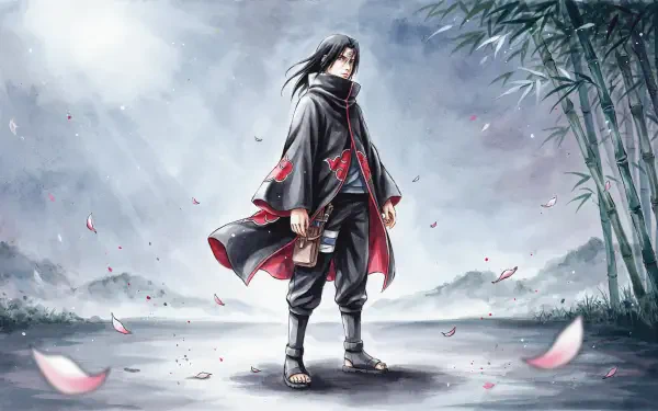 Itachi Uchiha anime warrior standing amid falling cherry petals on a misty bamboo shore — dramatic 4K Ultra HD PC desktop wallpaper and background.