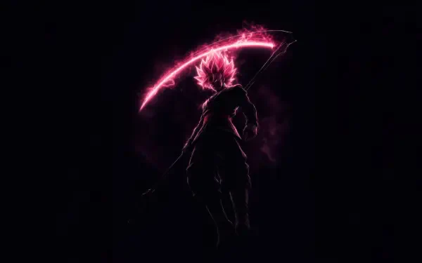 Black GokuGo anime silhouette wielding a pink energy scythe, neon aura on a deep black backdrop — 5K Ultra HD PC desktop wallpaper/background.
