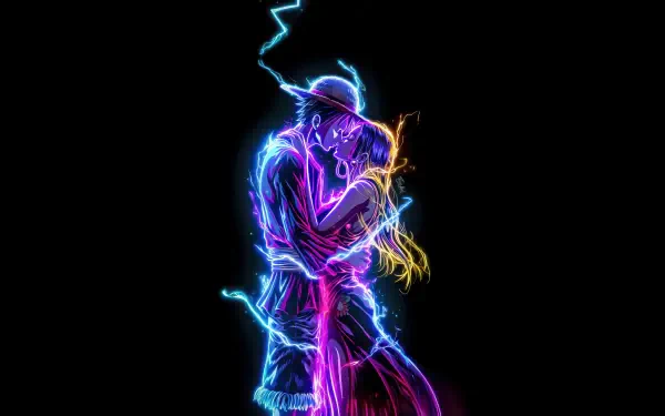 5K Ultra HD PC wallpaper of One Piece's Boa Hancock and Monkey D. Luffy in a neon electric embrace against a black anime background.