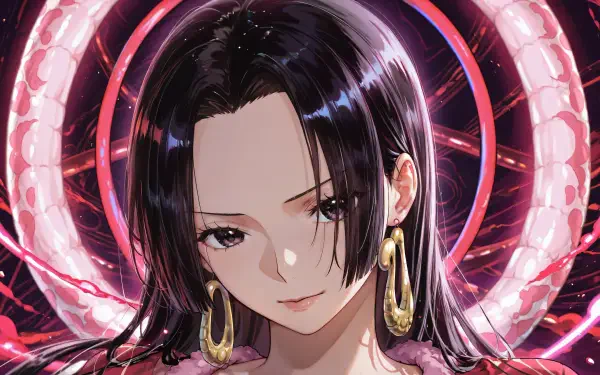 Boa Hancock from One Piece, manga/anime close-up with glossy black hair, gold hoop earrings and pink serpentine halo — 4K Ultra HD PC desktop wallpaper/background.