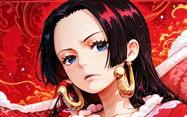 Close-up portrait of Boa Hancock from One Piece (manga/anime), 4K Ultra HD PC desktop wallpaper: regal expression, glossy black hair, blue eyes, gold snake earrings on ornate red background.