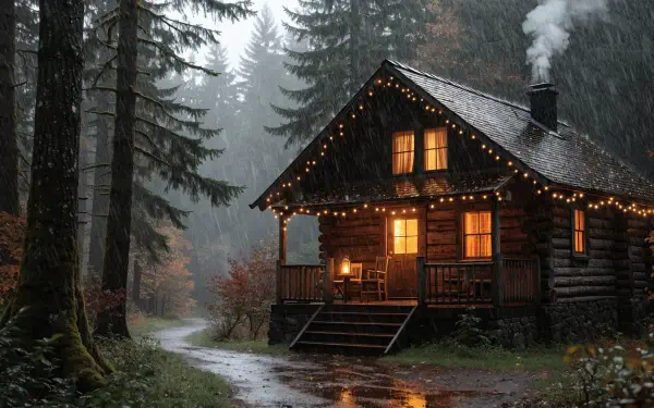 2K Quad HD PC desktop wallpaper/background: fall cabin — cozy log house in a misty forest, warm glowing windows and chimney smoke, rain‑slick path winding past towering pines.