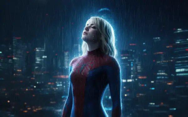 Spider-Girl in a red-and-blue Spider-Man suit, standing in rain before a neon-lit city skyline, digital art superhero portrait — 4K Ultra HD PC desktop wallpaper/background.