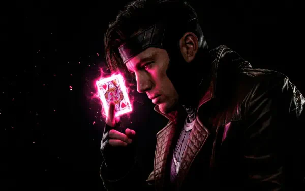 Close-up of Gambit (Marvel Comics) igniting a glowing pink playing card against a dark backdrop — Avengers: Doomsday, Avengers 4K Ultra HD PC desktop wallpaper.
