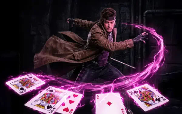 Gambit (Marvel Comics) hurls glowing magenta-charged playing cards in a dark industrial scene — Avengers: Doomsday, Avengers 4K Ultra HD PC desktop wallpaper/background.