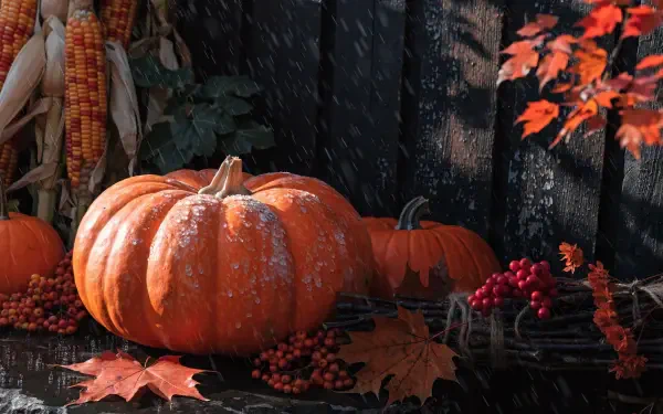 Fall aesthetic 2K Quad HD PC desktop wallpaper: a large pumpkin with smaller pumpkins, corn, red berries and autumn leaves against a dark wooden fence.