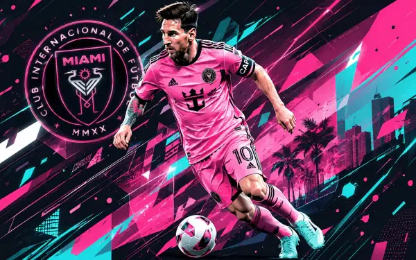4K Ultra HD desktop wallpaper: Inter Miami CF MLS No.10 forward in pink kit dribbling a soccer ball with club crest and neon Miami skyline.
