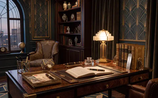 5K Ultra HD PC desktop wallpaper: cozy study aesthetic office with leather desk, glowing brass lamp, open book, organized bookshelf and arched window city view.