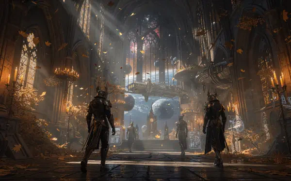 Gothic cathedral interior with fall aesthetic: sunlit stained glass, drifting leaves, and armored knights in the nave — 4K Ultra HD PC desktop wallpaper and background.