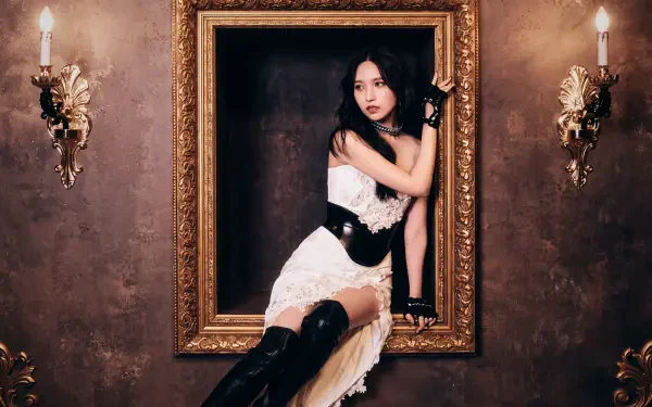 Young woman in a white lace dress and black thigh-high boots posed inside an ornate gold frame on a vintage wall lit by two sconces — 5K desktop wallpaper.