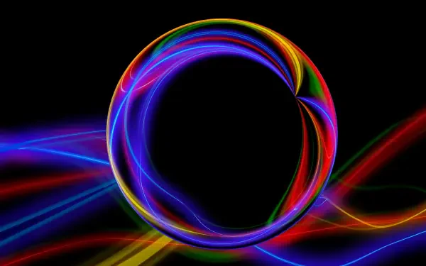 Abstract rainbow neon circle with flowing multicolored light trails on a black background — 4K Ultra HD PC desktop wallpaper and background.