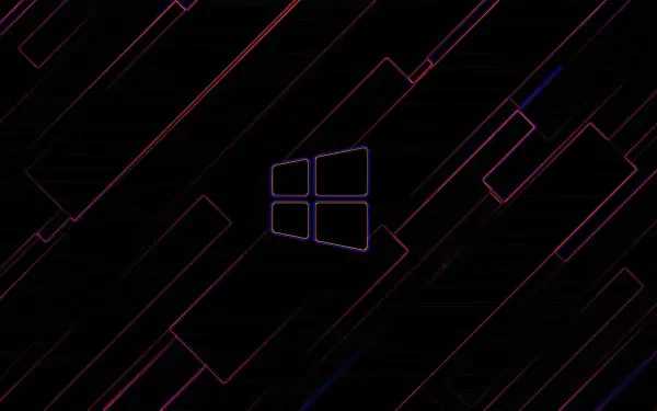 Dark 4K Ultra HD Microsoft Windows 11 PC desktop wallpaper with a neon‑outlined Windows logo and angled geometric lines on a black background.