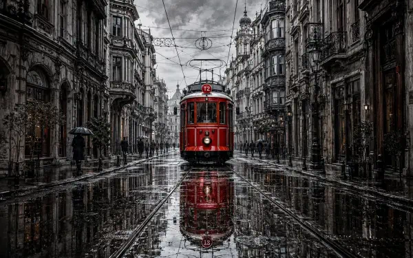 4K Ultra HD PC desktop wallpaper: vintage red tram on rain‑slicked tracks, reflected in puddles as it moves through a moody, historic city street.