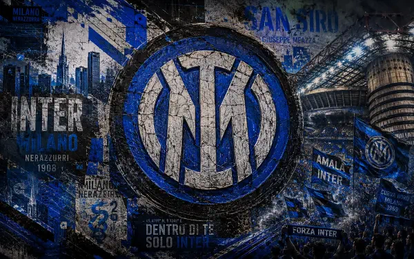 Blue-black Inter Milan crest centered over a grungy San Siro and city skyline, energetic soccer sports composition — 4K Ultra HD PC desktop wallpaper background.