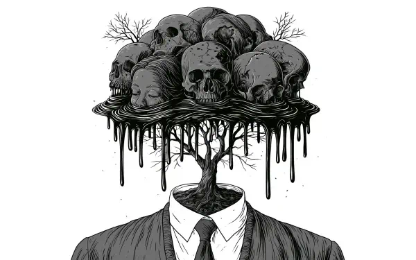 Dark surreal 2K Quad HD PC desktop wallpaper: a suited figure with a tree for a head, its bare branches bearing a dripping crown of skulls and faces in stark black-and-white art.