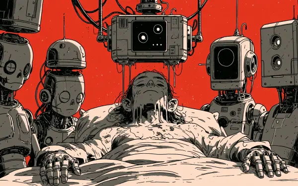 Sci‑fi 2K Quad HD desktop wallpaper: an injured human on an operating table surrounded by androids and robots, a stark red backdrop exploring humanity versus machine.