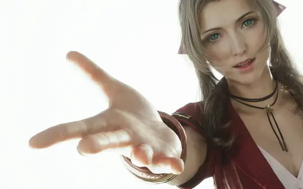 Final Fantasy VII Rebirth 4K Ultra HD PC wallpaper: close-up of Aerith Gainsborough reaching toward the viewer with a warm smile and soft backlighting