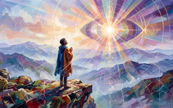5K Ultra HD PC desktop wallpaper: a grateful figure stands on a mountain cliff at sunrise as radiant rays form a luminous eye over misty peaks.