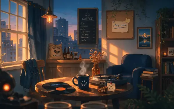 Cozy coffeehouse lofi cafe interior at dusk: steaming mug on a table with vinyl, warm lamp glow, bookshelf and city skyline — 4K Ultra HD PC desktop wallpaper/background.
