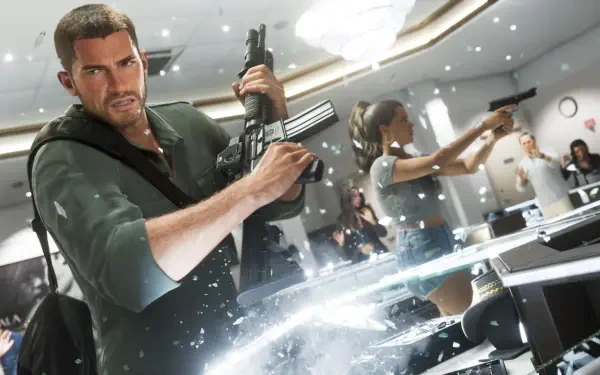Grand Theft Auto VI 4K PC desktop wallpaper: Jason and Lucia trade gunfire amid flying glass in a tense office shootout from the Grand Theft Auto video game.