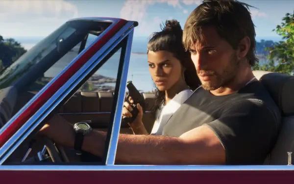 Grand Theft Auto VI 4K desktop wallpaper: Jason driving a red convertible with Lucia in the passenger seat aiming a pistol, coastal city skyline visible behind them.