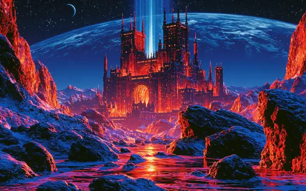 Sci-fi castle landscape with neon lava rivers and a blue planet horizon, dramatic 2K Quad HD PC desktop wallpaper and background.