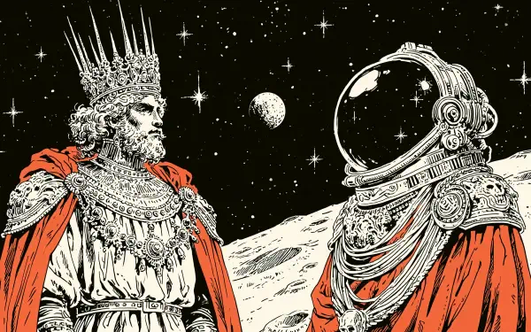 2K Quad HD PC desktop wallpaper and background: sci-fi tableau of a crowned king in ornate robes facing an armored astronaut on a moonlit, starry landscape.