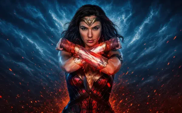 4K Ultra HD digital art PC desktop wallpaper and background of Wonder Woman: a superhero in red-and-gold armor crossing her arms amid stormy skies and glowing embers, fierce heroic pose.