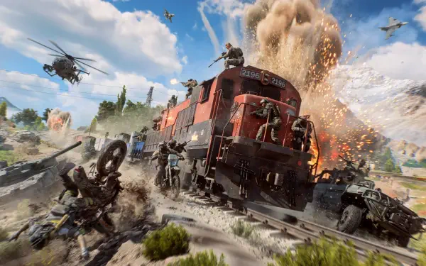 Battlefield 6 video game scene: Battlefield soldiers storm a speeding, exploding train amid helicopters and dust — 4K Ultra HD PC desktop wallpaper and background.