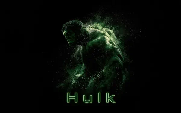 Dark 4K Ultra HD PC desktop wallpaper of Hulk: a green, smoky superhero silhouette emerging from shadows with glowing Hulk title.