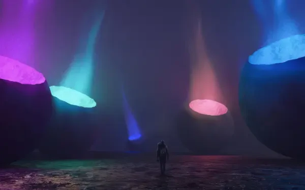 Surreal glowing 4K Ultra HD PC desktop wallpaper: lone person walking beneath floating luminescent orbs casting pink, blue and teal light across a dark reflective landscape.