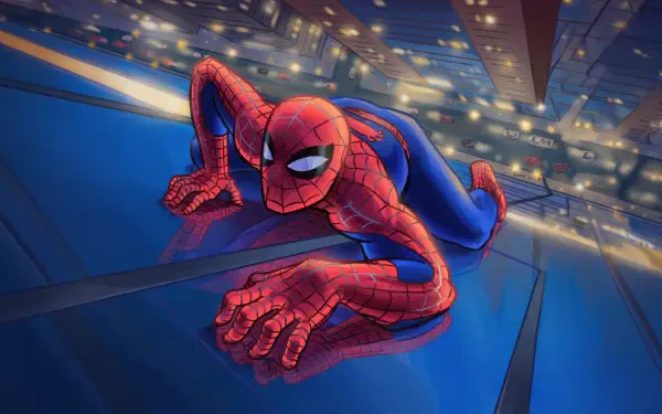 5K Ultra HD digital art of Spider-Man clinging to a glass skyscraper at night, city lights streaking below — a dynamic superhero PC desktop wallpaper.