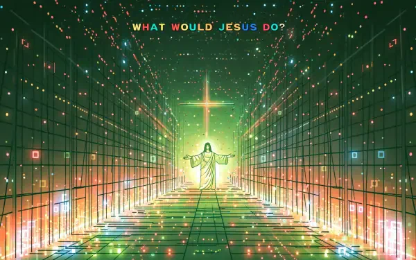 4K UHD Christian PC wallpaper: Jesus with outstretched arms before a glowing cross in a neon, grid-like corridor; text reads What Would Jesus Do?