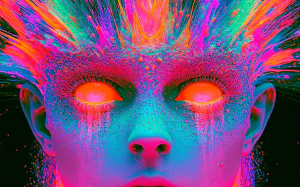 Neon psychedelic portrait of a glowing, paint-splattered face with blazing orange eyes and explosive multicolor hair — 2K Quad HD PC desktop wallpaper.