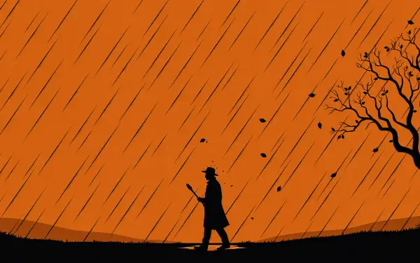 4K Ultra HD PC desktop wallpaper and background: a rainy fall silhouette of a lone figure walking beneath a bare tree as rain slants across an orange sky.