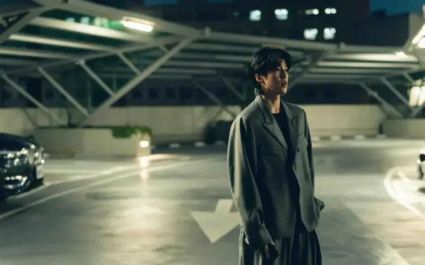 8K Ultra HD PC desktop wallpaper: lone man from The Fixers stands in a dim, cinematic parking garage with dramatic lighting and empty lanes.