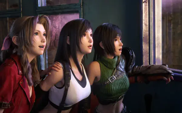 4K Ultra HD PC desktop wallpaper: Final Fantasy video game trio Aerith, Tifa and Yuffie gazing upward in a train car, detailed game-rendered characters and moody lighting.