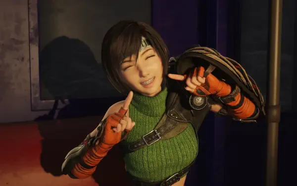 Yuffie Kisaragi from the Final Fantasy VII video game winks and points, wearing a green knit top and orange gloves — 4K Ultra HD PC wallpaper/background.