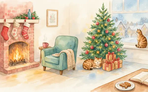 4K Ultra HD PC wallpaper — cozy Christmas living room with decorated tree, roaring fireplace with stockings, wrapped gifts, and three cats: curled by tree, on the windowsill, and asleep on the rug.